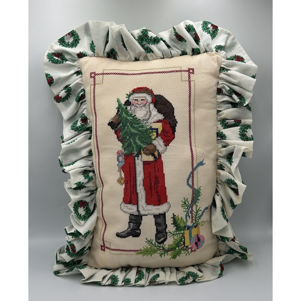 Vtg Original Cross‎ Stitch Santa Claus & Christmas Pillow